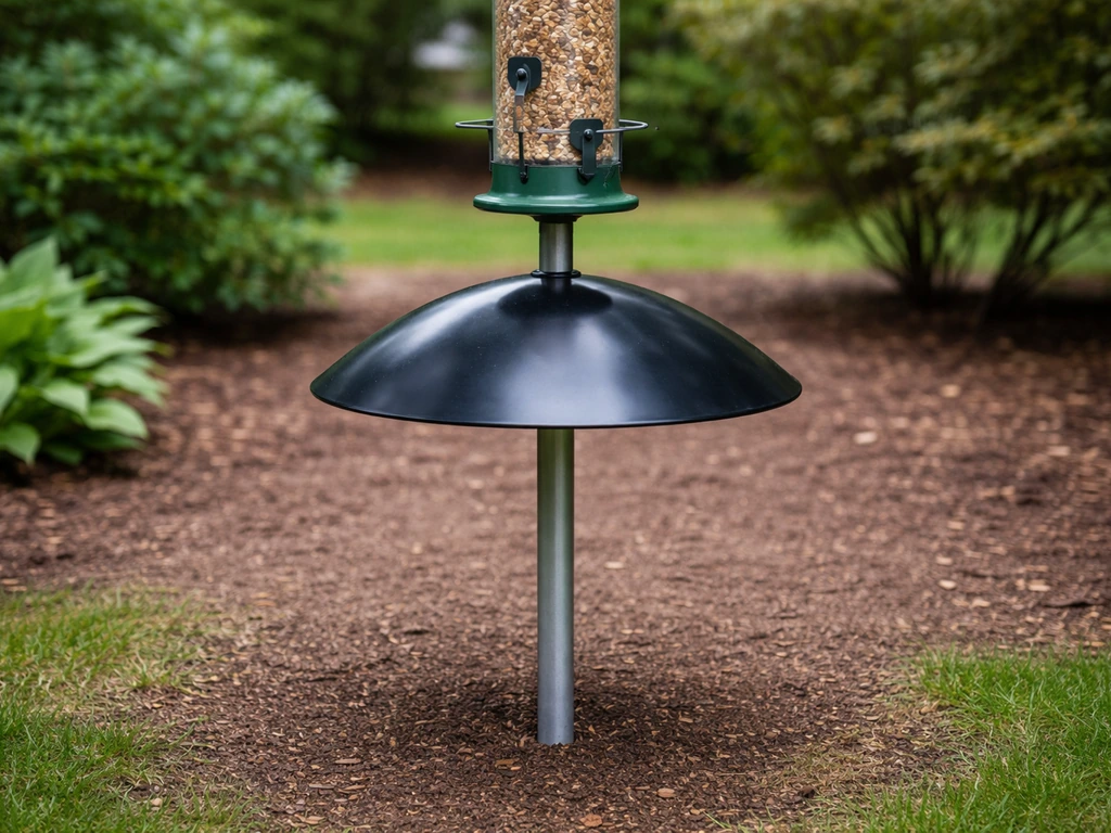 Bird feeder on a smooth metal pole with a dome baffle below, clean ground and no spilled seed.