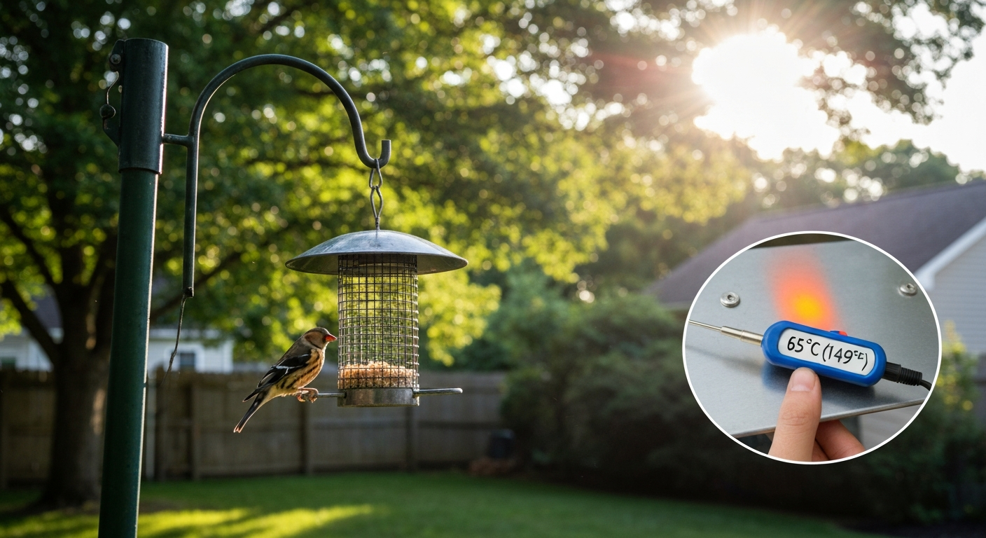Backyard metal bird feeder in bright sun with a small bird perched; inset shows a contact thermometer reading 65°C, illustrating how metal feeders can become dangerously hot.