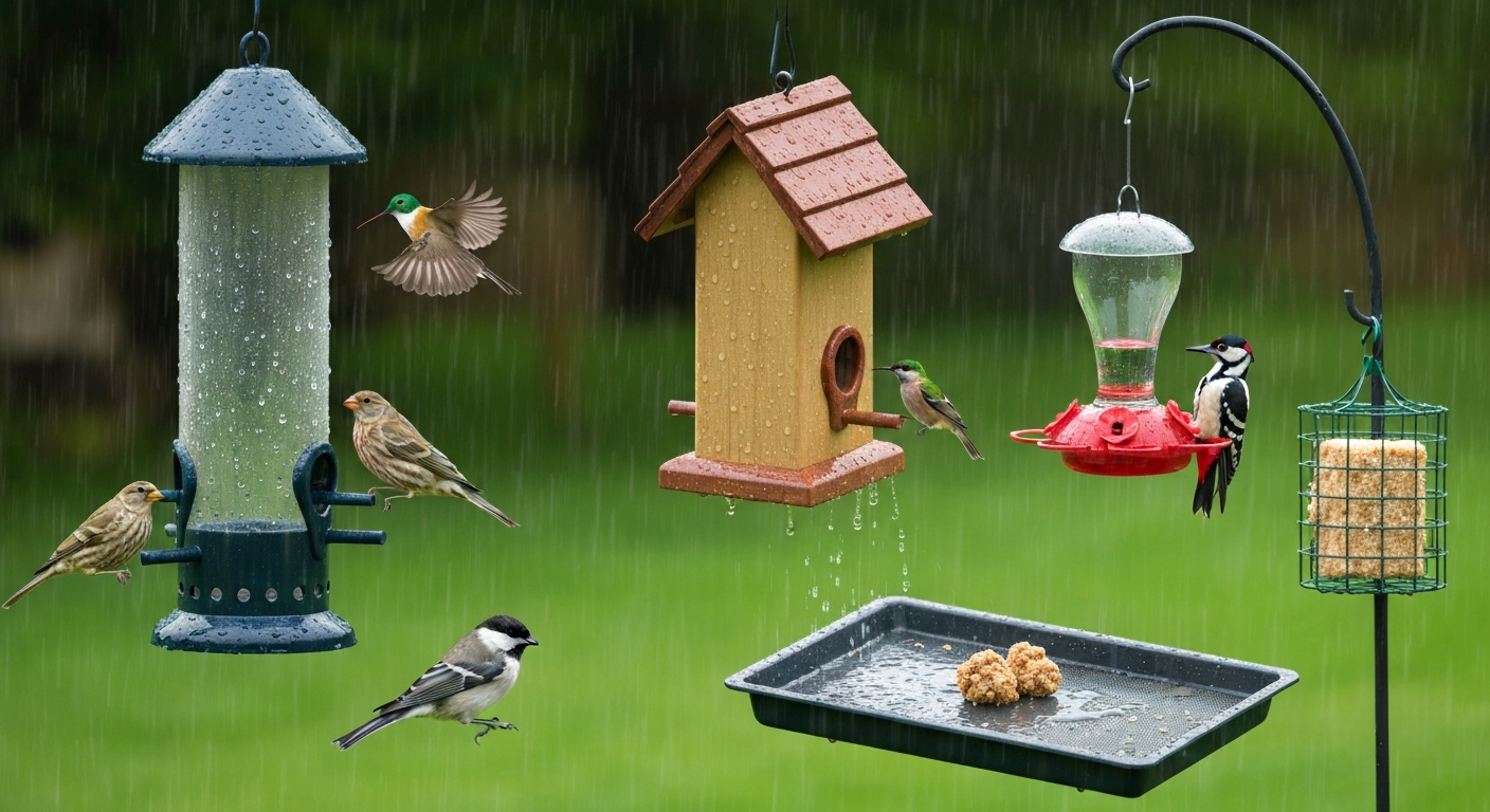 Backyard bird feeding station in light rain showing multiple feeder types (tube, hopper, platform, hummingbird feeder, suet cage) with birds feeding and visible drainage/roof details.
