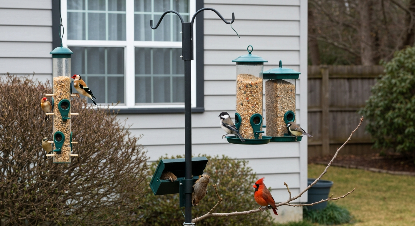Backyard pole with two bird feeders (nyjer tube and hopper), birds feeding, squirrel baffle, nearby shrub and window in soft daylight.