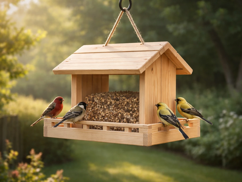 Close-up of a wooden bird feeder hanging outdoors with small birds nearby, natural light background.