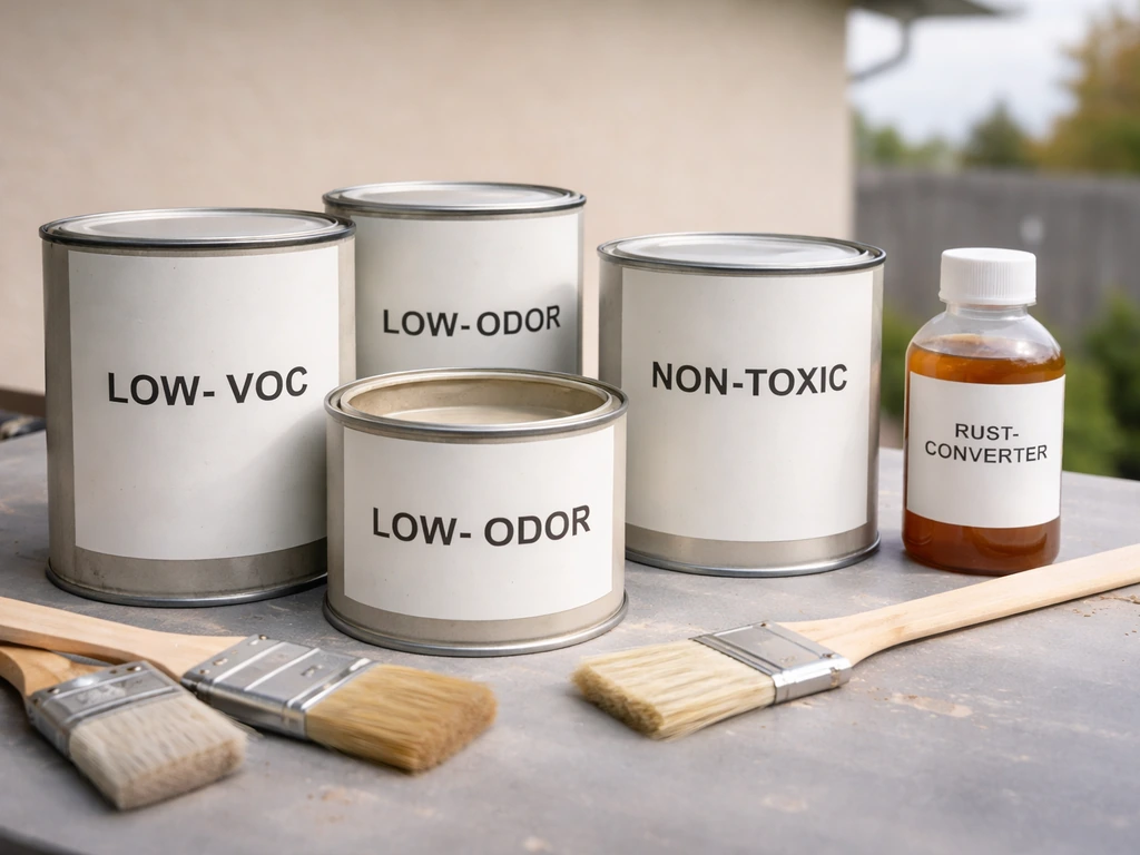 Unlabeled water-based paint cans and rust converter bottle on a workbench in natural light.