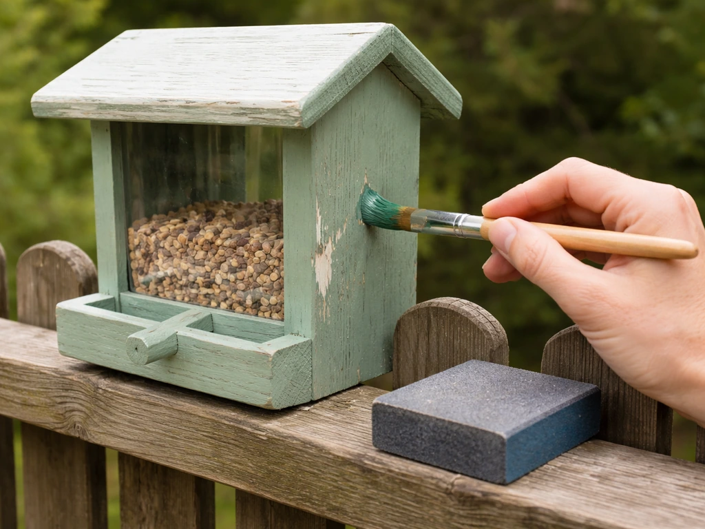 Hand touch-ups a chipped painted bird feeder with a small brush outdoors.