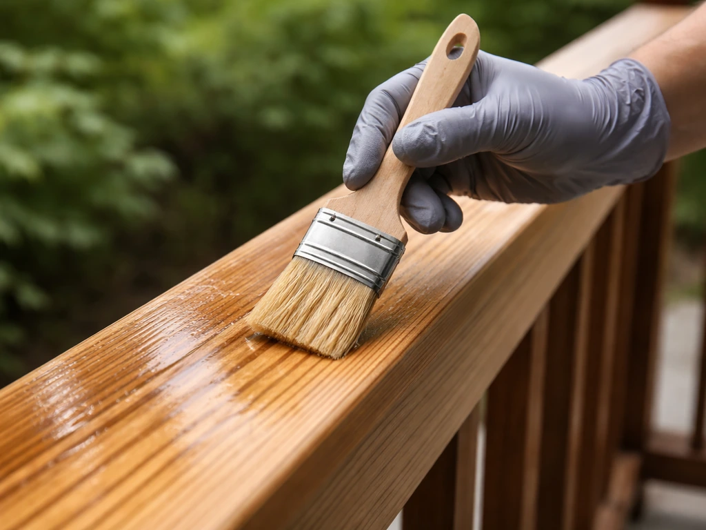 Gloved hands brushing a clear, non-toxic exterior wood sealant onto bare wood boards outdoors.