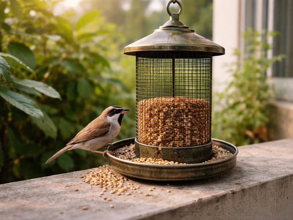 Indian backyard bird perched on a small feeder, seeds visible in a simple hanging mesh tray.