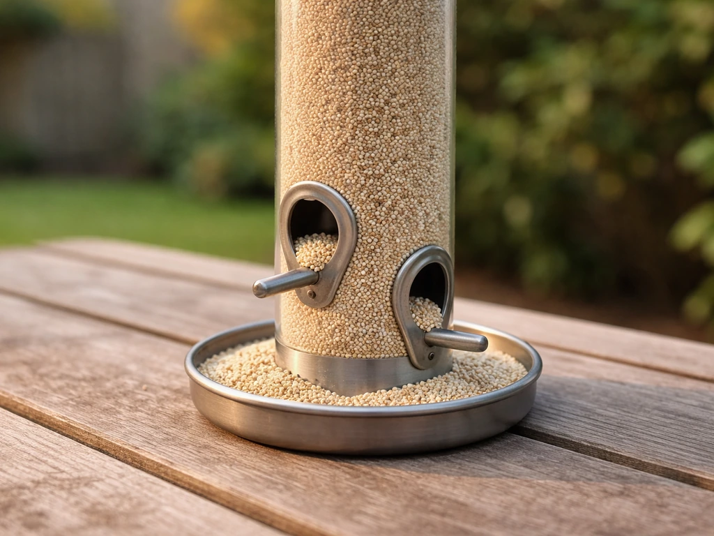 Metal tube bird feeder with small ports, filled with fine millet seeds spilling into a shallow tray.