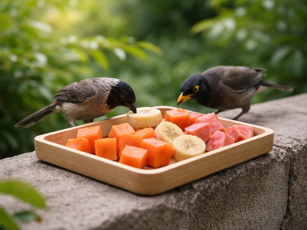 Thumb-sized papaya, banana, and guava pieces on a simple tray outdoors for birds to feed.
