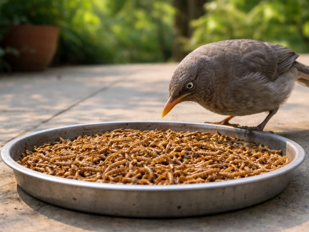 A small bird eating dried mealworms from a flat tray feeder on an outdoor patio.
