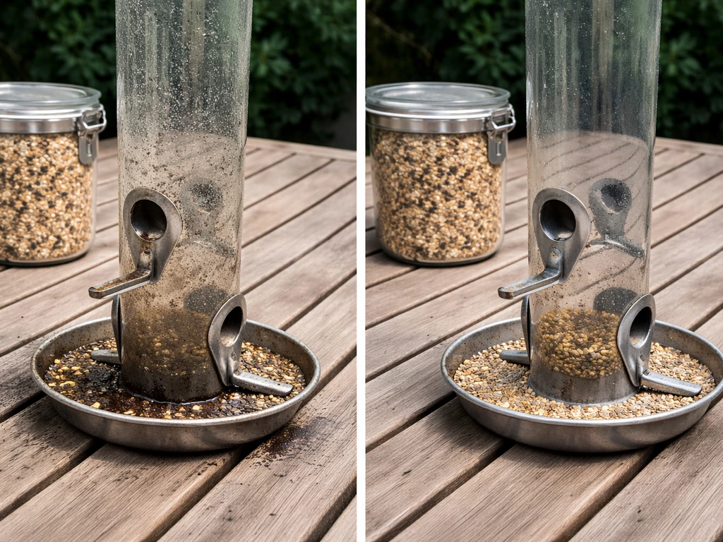 Clean versus dirty bird feeder beside a sealed metal container of dry seed.