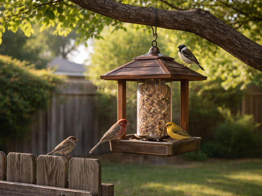 Clear view of a bird feeder on a backyard branch in a sunny suburban California garden.