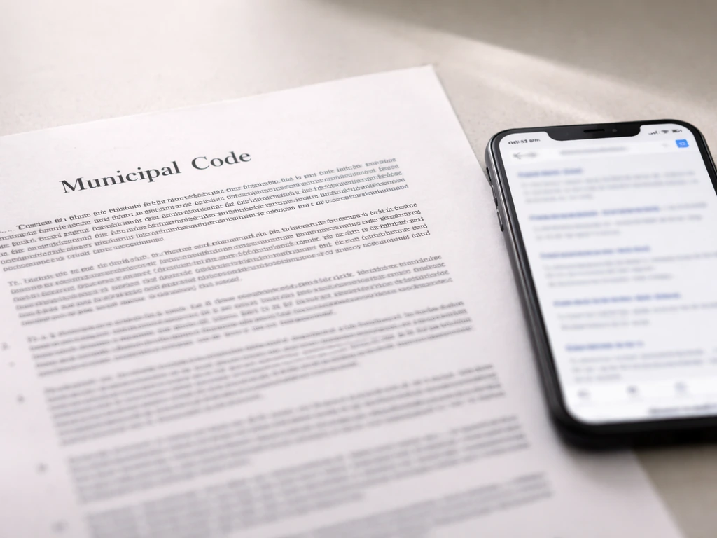 Close-up of printed municipal code beside a smartphone with a blank search results screen.