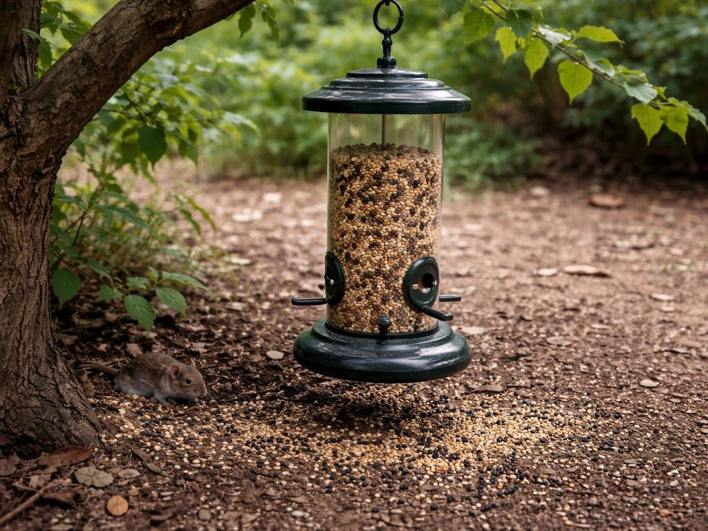 Bird feeder hanging in a yard with rodent droppings and a mouse visible nearby.