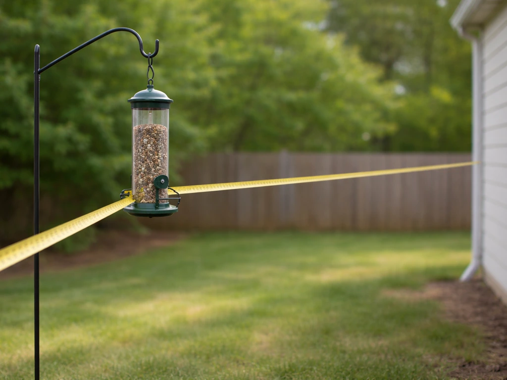Bird feeder mounted outdoors with a measuring tape showing spacing from the home and fence.