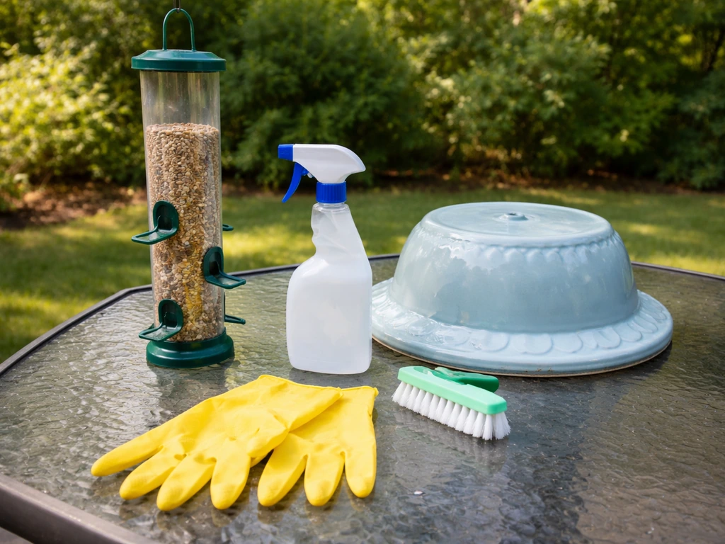 Tube bird feeder and birdbath taken outdoors for cleaning with gloves and disinfectant supplies nearby.