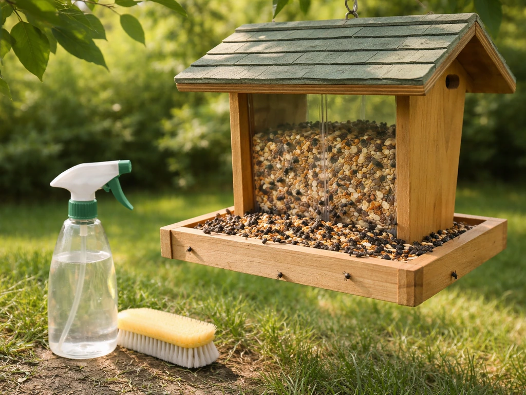 Backyard bird feeder with visible small insects around it on a sunny day, suggesting infestation and safe cleaning.