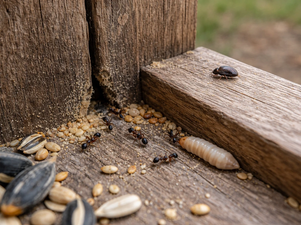 Close-up of bird-feeder pests near a feeder, highlighting tiny entry points in nearby wood cracks.