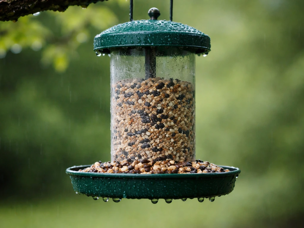 Close-up of a damp bird feeder with condensation and wet spilled seed attracting insects.
