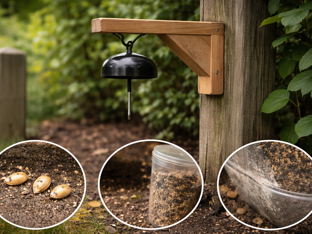 Close-up of a bird feeder bracket near shrubs beside a sealed seed container, illustrating pest-specific placement cues.