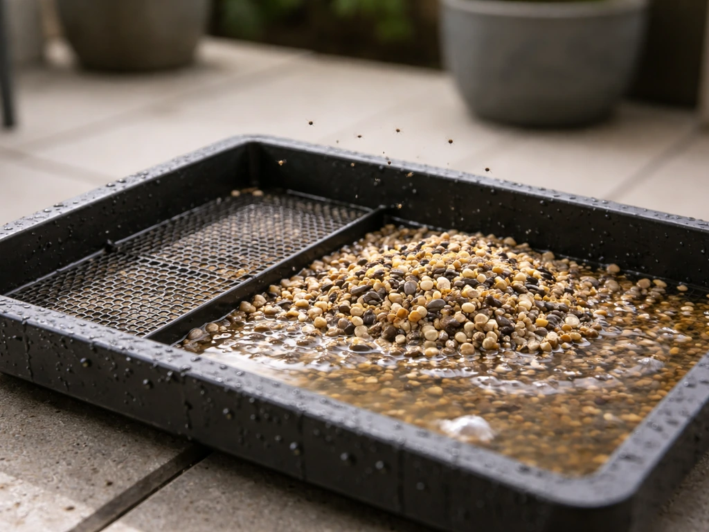 Close-up of a wet bird feeder tray with damp seed and small flies/midges hovering nearby.