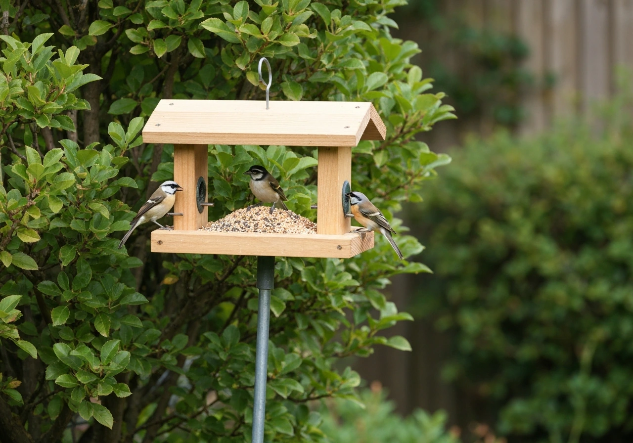 Backyard seed feeder on a pole near shrubs with small birds feeding on appropriate seed.