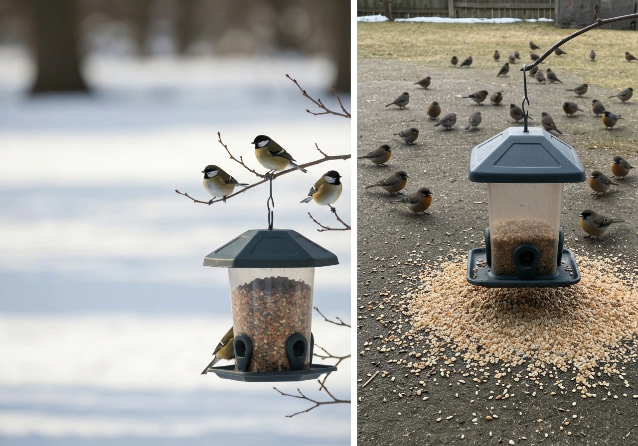 Split backyard scene showing calm winter bird feeding on one side and crowded feeder risk on the other.