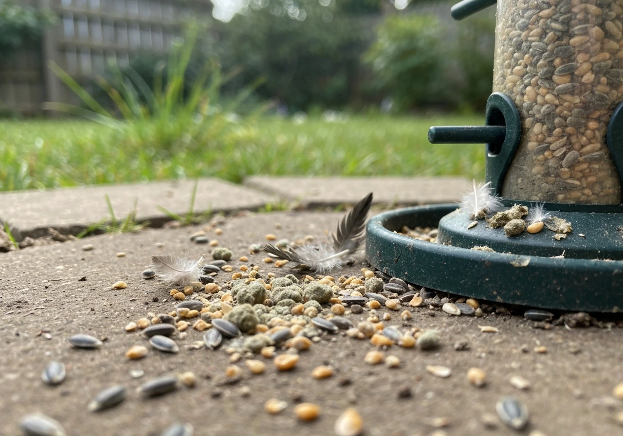 Close-up of a bird feeder base with moldy seed and droppings on the ground, outdoors.