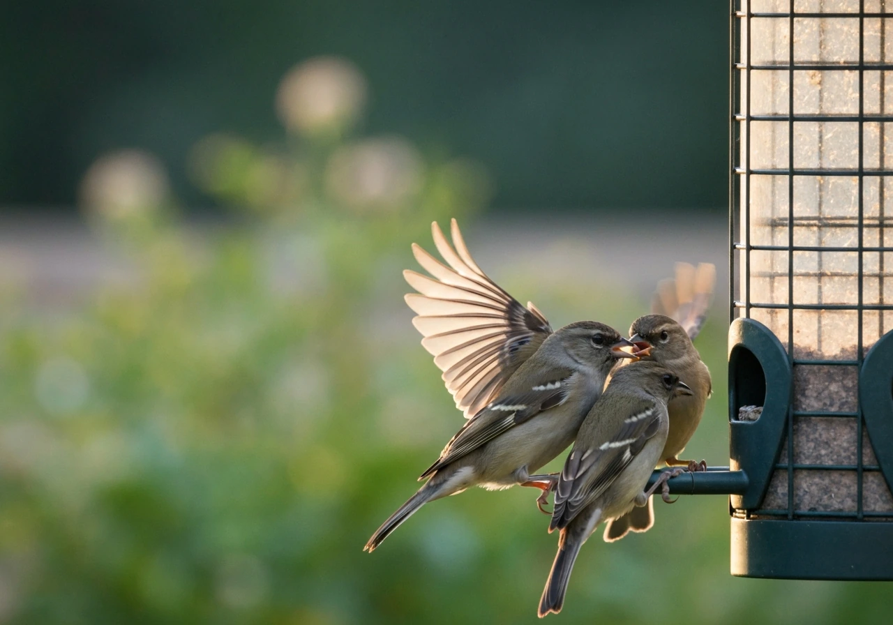 Several small birds crowd and jostle at one feeder, showing disrupted spacing and aggression.