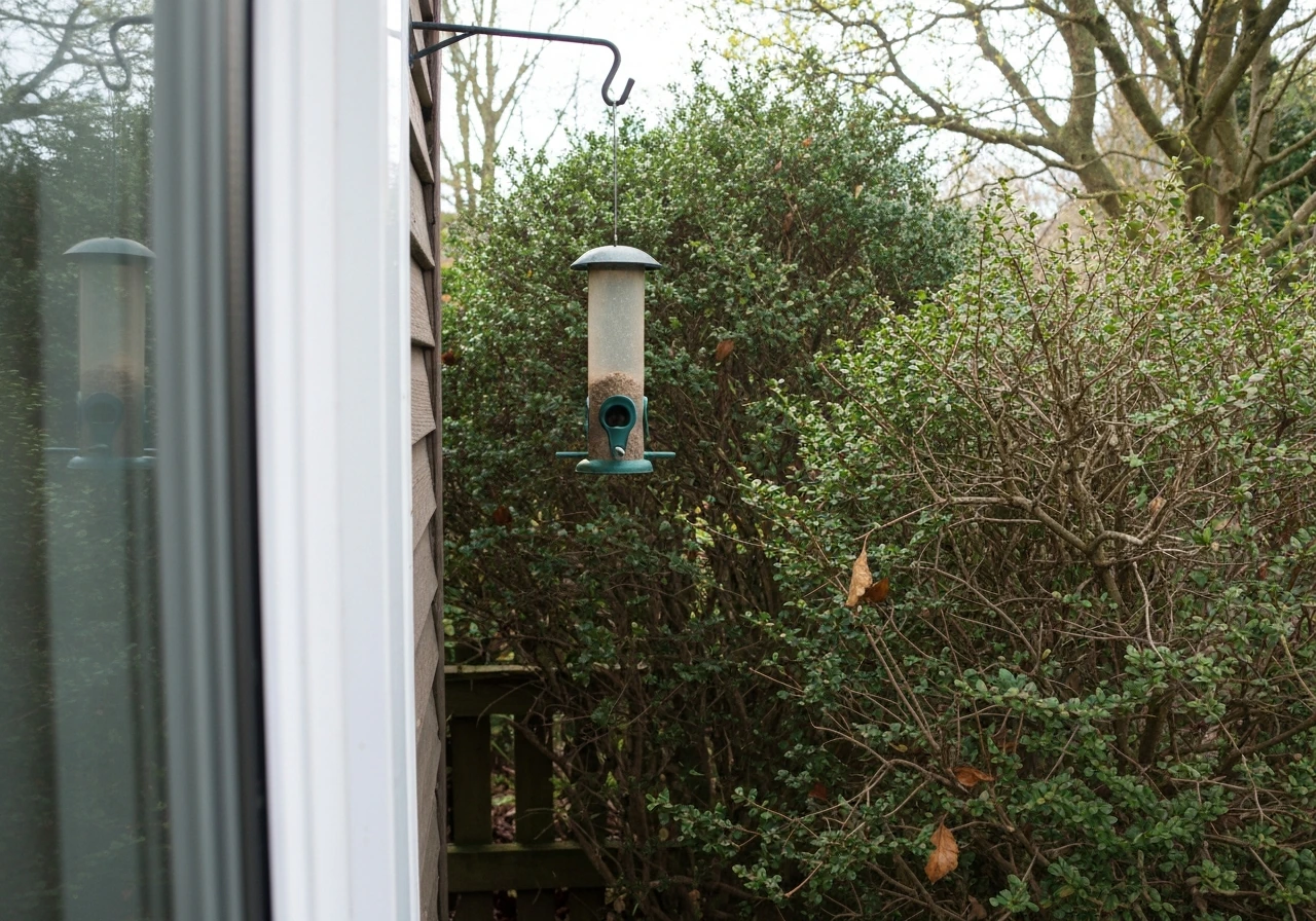 Bird feeder near a window with nearby shrubs providing cover and a clear escape sightline.