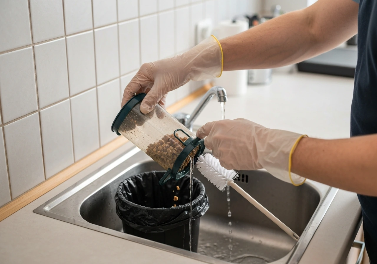 Gloved person rinsing a bird feeder while discarding old clumped seed into a trash bin