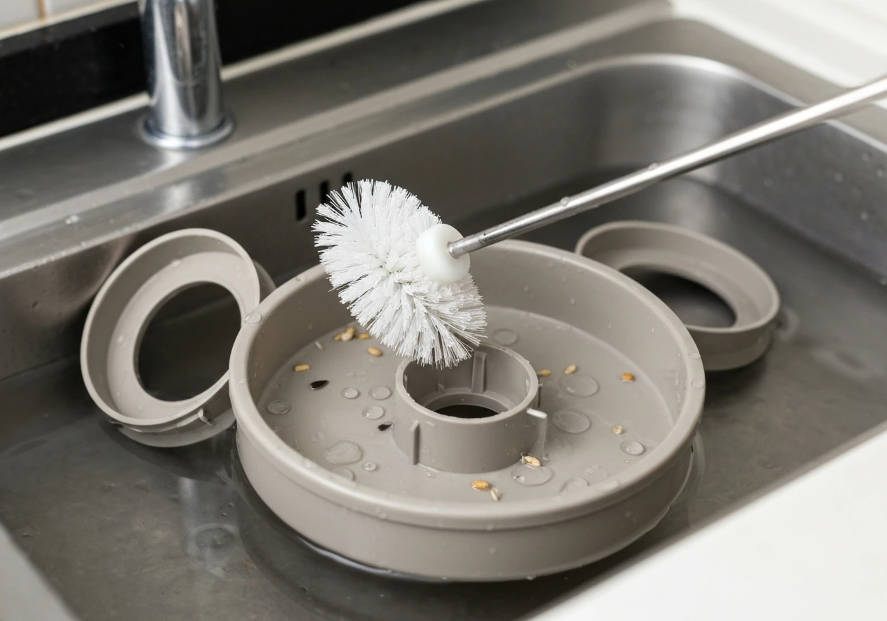 A bird feeder base is scrubbed with a bottle brush in a sink with hot water.