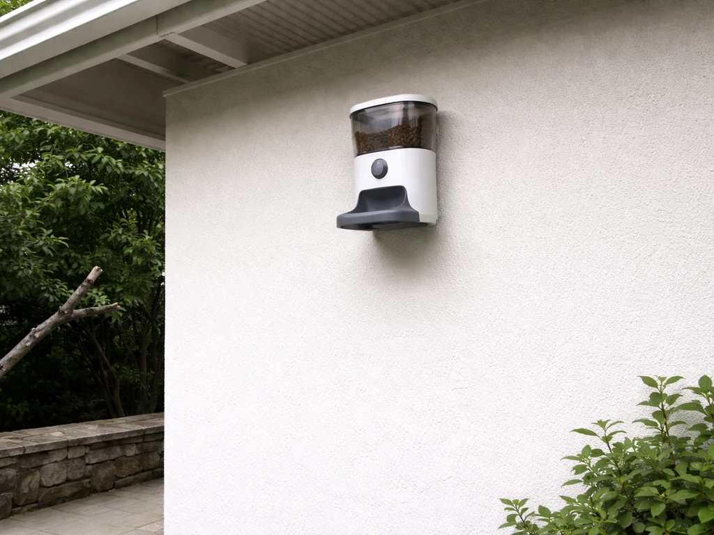 Wall-mounted pet feeder high up on a wall, with clear space away from nearby ledges cats could jump from.
