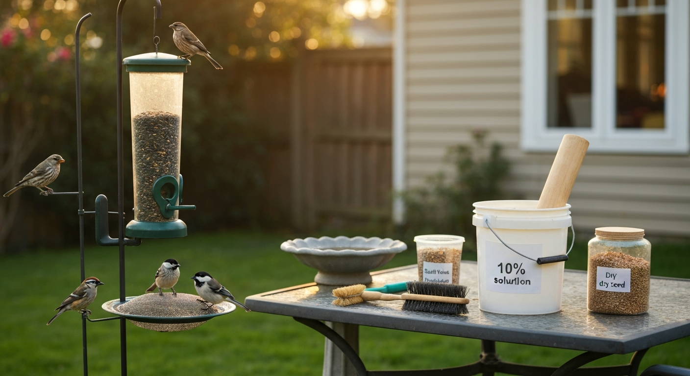 Clean, well-organized backyard bird-feeding station with diverse songbirds, feeders, cleaning supplies, and birdbath in morning light.