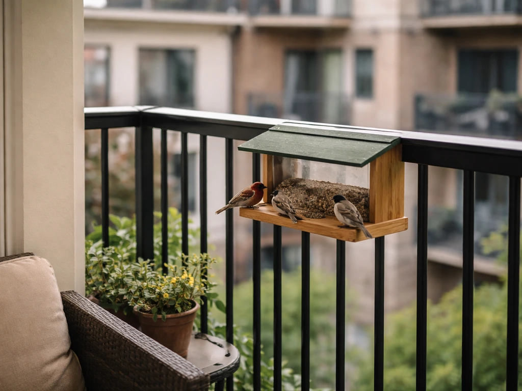 Small bird feeder on an apartment balcony with a few birds, placed away from shared walkways.