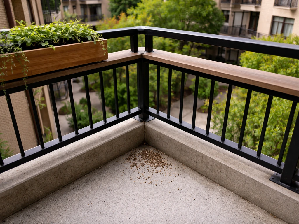 Empty condo balcony corner with railing and planter ledge where a bird feeder might be placed.