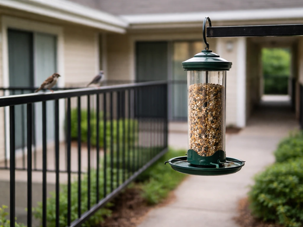 Bird feeder hanging on an apartment balcony, placed away from shared walkways.