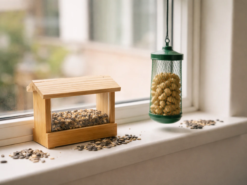 Two small apartment bird feeders side-by-side on a window ledge with sunflower seed and dried pods.