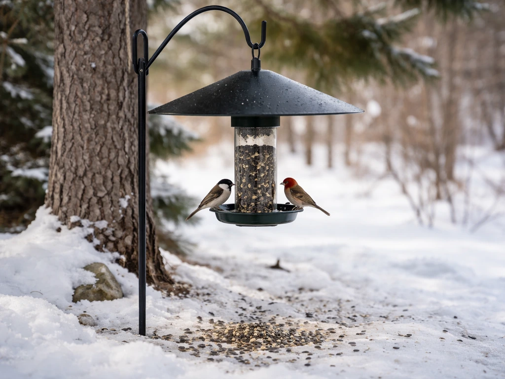 Two small winter birds feed at a clean, baffle-protected backyard feeder with light snow nearby.