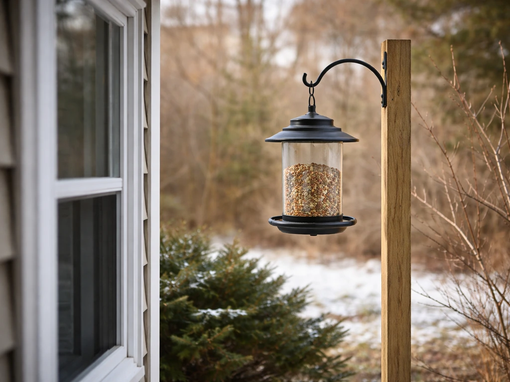 Bird feeder hung at safe distance from a home window with nearby shrubs for escape cover.