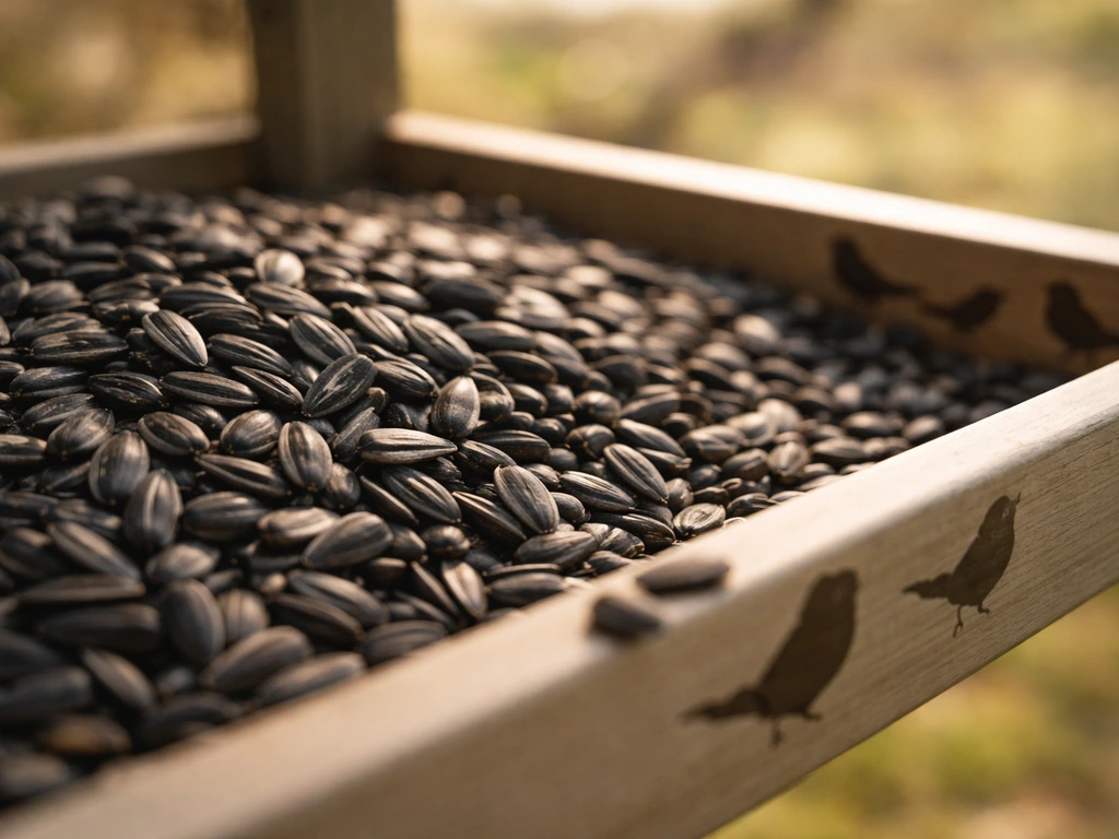 Black-oil sunflower seeds in a bird feeder with subtle small bird silhouettes nearby, softly lit and close-up.