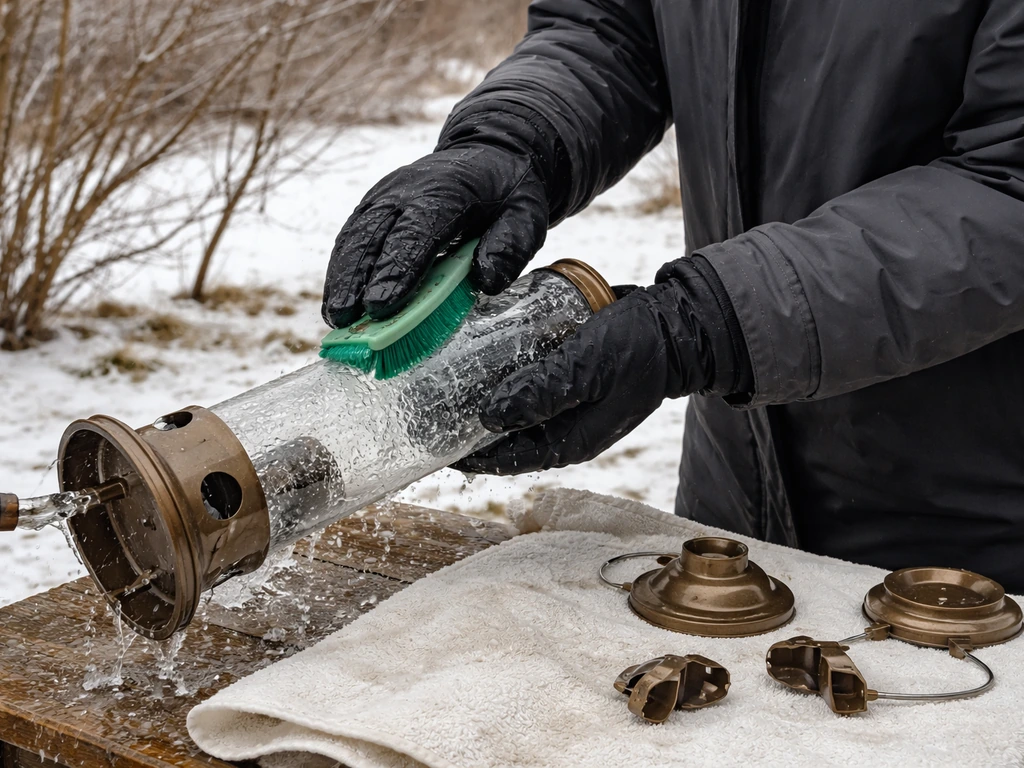 Anonymous gloved hands scrub and rinse a winter bird feeder while parts dry nearby.