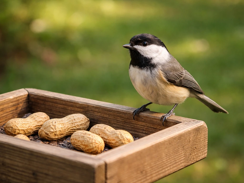 A small bird perched at a simple feeder with a visible scatter of peanuts nearby.