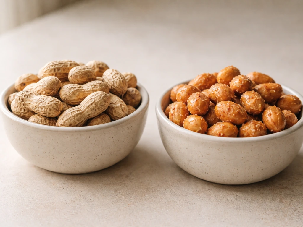 Close-up of plain peanuts beside a small dish of salted, honey-roasted peanuts in soft natural light.