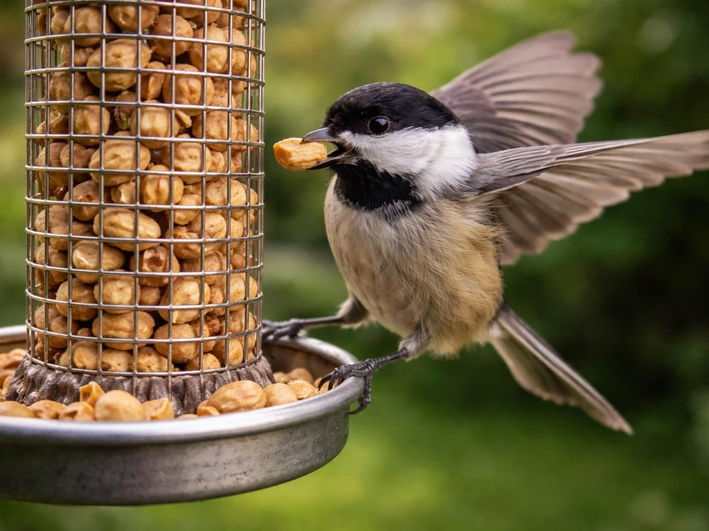 A small chickadee-like bird snatches a shelled peanut piece and flies off from a backyard feeder
