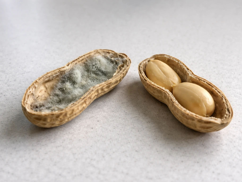 Split open peanuts: one with fuzzy mold, one clean and dry, on a plain kitchen surface