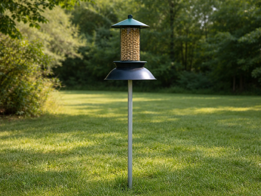 Mounted peanut feeder on a smooth metal pole, positioned away from nearby branches to reduce mess.