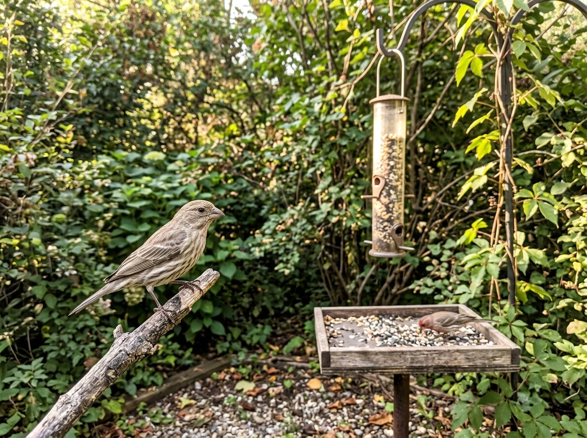 Finches feeding at a backyard setup with visible feeder, perches, and seed cues