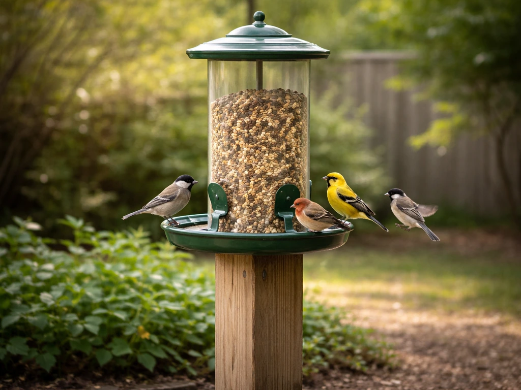 Wood-post bird feeder filled with seed in a backyard with a few small birds feeding naturally.