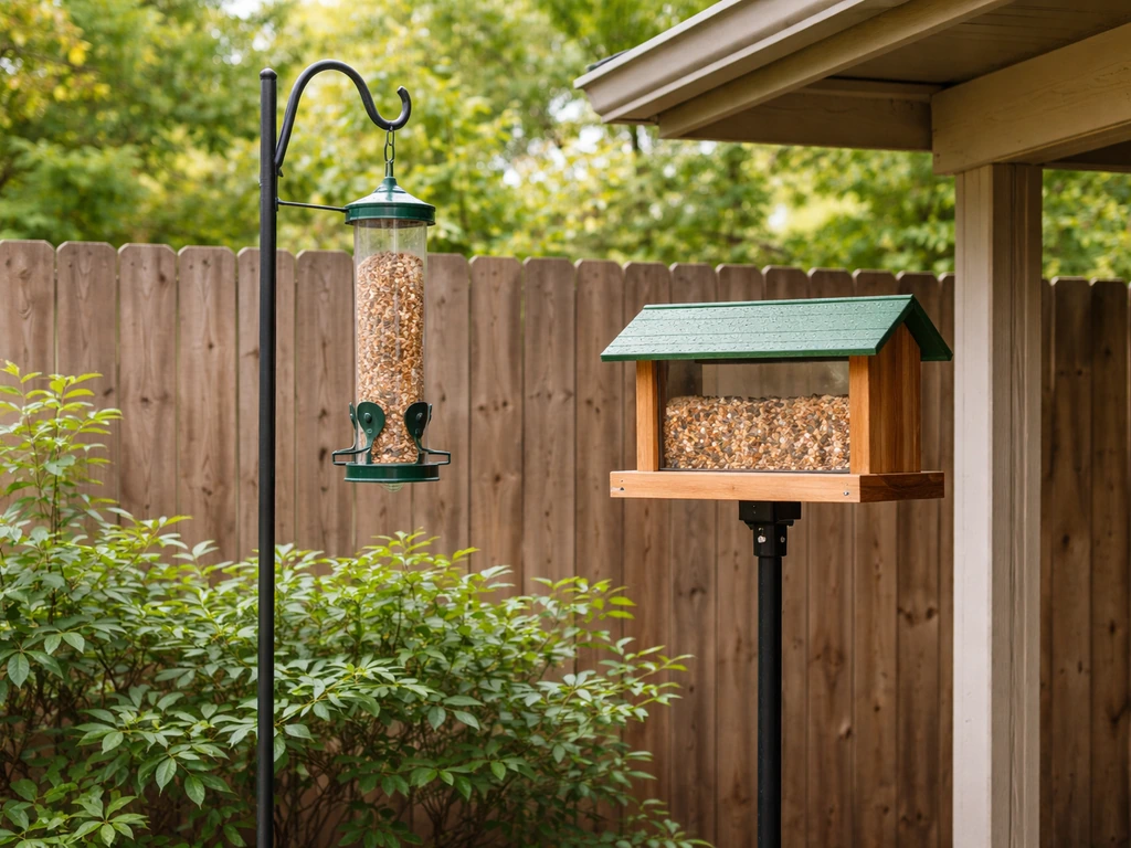 A close yard scene showing a mounted tube bird feeder and a hopper feeder at sensible heights under cover