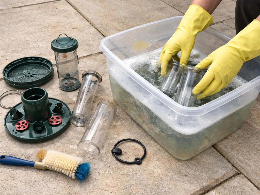 Gloved hands soaking disassembled bird feeder parts in a water-cleaning solution container.