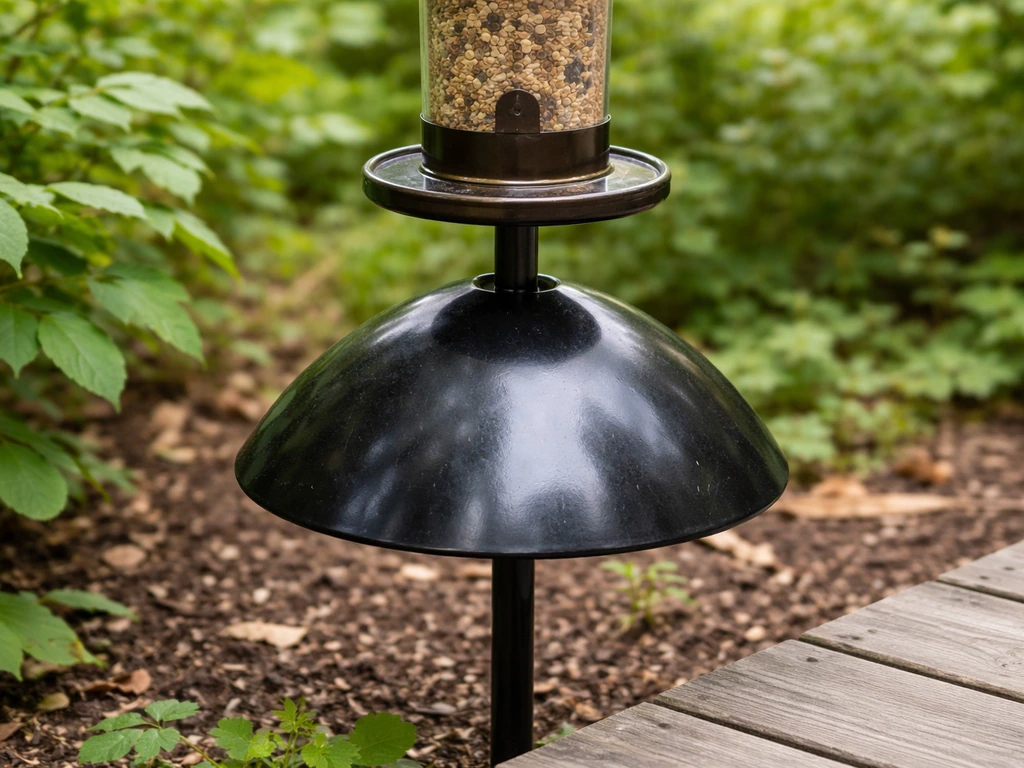 Bird feeder on a pole with a squirrel baffle and a water ant moat tray beneath.
